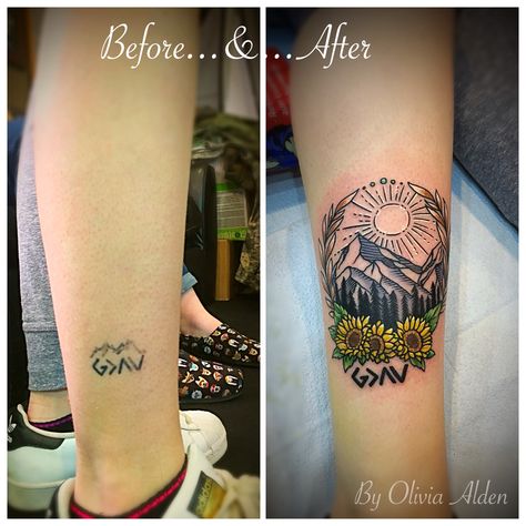 God is greater than the ups and downs rework, coverup Tattoo. A nice nature scene with the sun, mountains, trees and a kiss of sunflowers. Sunflower Mountain Tattoo, Mountains Tattoo, Coverup Tattoo, Scar Tattoo, Mountain Tattoo, Cover Up Tattoo, Sunflower Tattoo, Sister Tattoos, A Kiss