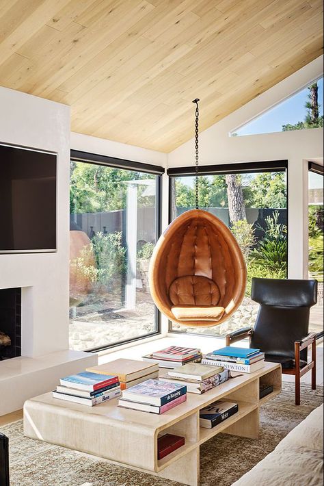 Brigette Romanek, Hanging Lounge Chair, Classy Interior, White Living, White Living Room, Wood Ceilings, Space Decor, Cozy Interior, Cheap Decor