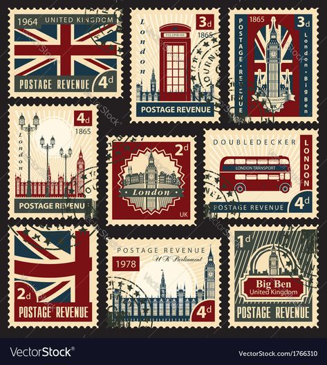 طوابع بريد, London Sights, Postage Stamp Design, Sticker Printable, Travel Stamp, Uk Flag, Scrapbook Stickers Printable, Vintage Postage Stamps, British Flag