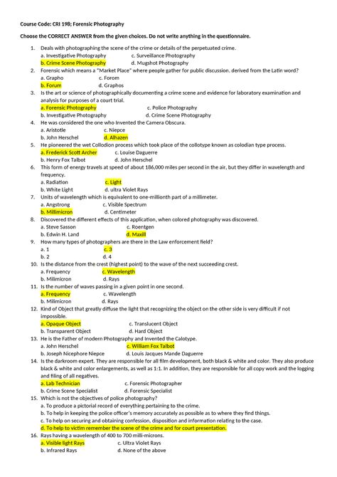 Question and answer - Course Code: CRI 198; Forensic Photography Choose the CORRECT ANSWER from the - Studocu Forensic Photography, High School Books, Latin Words, Forensic, Any Book, Question And Answer, Mug Shots, High School, Science