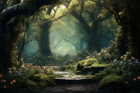 Enchanted Forest Landscape, Enchanted Forest Mural, Forest Vegetation, Murals Ideas, Forest Enchanted, Fairy Painting, Magical Landscape, Forest Mural, Dark Paintings