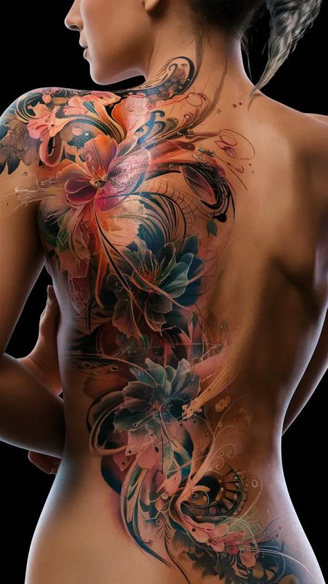 woman tattoo ideas Feminine Back Tattoos Full Color, Womens Thigh Sleeve Tattoo, Feminine Body Tattoos, Lower Back And Hip Tattoos, Women Full Back Tattoo Ideas, Back Piece Cover Up Tattoo, Entire Back Tattoo Women, Womans Back Tattoos, Woman Full Back Tattoo