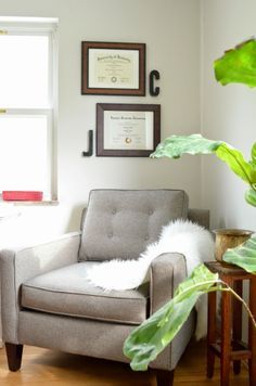 clever ways to display college diploma | Displaying Diplomas in our Office, Modern Chair More Displaying Diplomas, Diploma Wall, Diploma Display, Degree Display, Beautiful Environment, Diploma Frame, Office Guest Room, Dream Office, Corner Wall