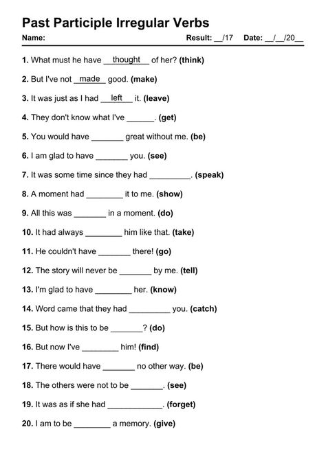 Past Participle Irregular Exercises PDF Worksheet with Answers - Test 1 Participles Worksheet, Past Participle Worksheet, Past Participle Verbs, Highlight Covers Instagram Books, Verb To Be Past, Irregular Verbs Worksheet, Past Tense Worksheet, Correct Grammar, English Grammar Pdf