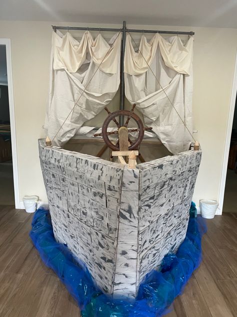 Ship VBS sailing cardboard sailing Cardboard Ship, Boston Tea Party Decorations, Cardboard Pirate Ship Diy How To Make, Cardboard Pirate Ship Diy, Cardboard Viking Ship, Cardboard Box Pirate Ship Diy, Cardboard Shipwreck, Pirate Ships Diy, Cardboard Pirate Ship