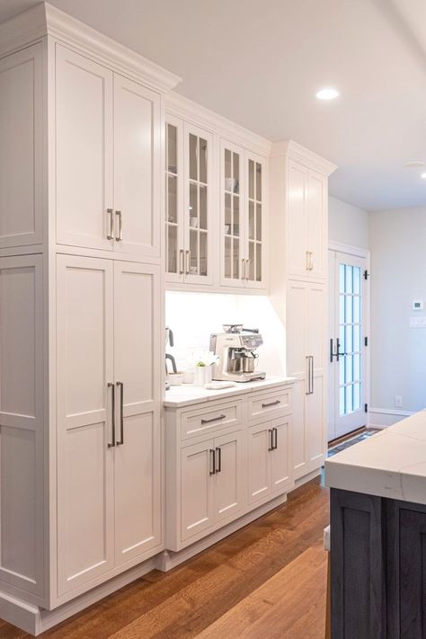 Wall Of Kitchen Storage Cabinets, Large Cabinets In Kitchen, Pantry Wall Kitchen Cabinets, Tall Wall Cabinets Kitchen, Food Storage Kitchen Cabinets, Shaker Style Pantry Cabinet, Kitchen With Long Cabinets, Kitchen With Wall Pantry, Built In Food Pantry