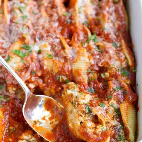 Pesto Turkey Stuffed Shells Recipe - Cookin Canuck Turkey Stuffed Shells, Baked Stuffed Shells, Pesto Turkey, Roasted Vegetable Lasagna, Baked Pasta Dishes, Creamy Vegan Pasta, Spinach Cheese, Shells Recipe, Marinara Sauce Homemade