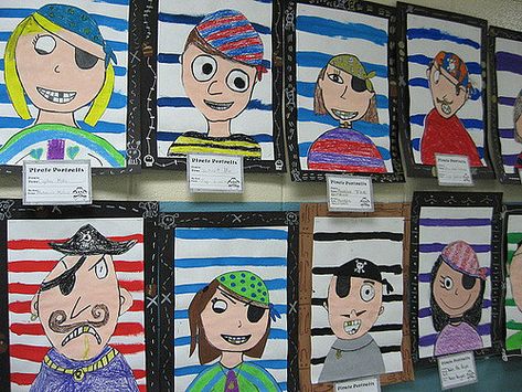 Done by the 4th graders..lesson I borrowed from paintedpaper. The kids really… Pirate Art Activities, Pirate Bulletin Board Ideas, Pirate Unit, Pirate Classroom, Pirate Activities, Pirate Crafts, 4th Grade Art, 3rd Grade Art, Pirate Art