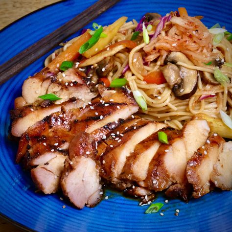 Japanese BBQ Marinated Chicken Thighs with Asian Fusion Noodles Bbq Marinated Chicken, Asian Chicken Thighs, Radish Kimchi, Japanese Bbq, Marinated Chicken Thighs, Seasoned Rice Vinegar, Grilled Chicken Thighs, Asian Chicken, Boneless Skinless Chicken Thighs