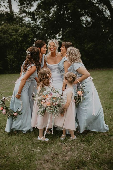 Blue Bridesmaid Dresses Satin, Pale Blue Bridesmaid Dresses, Pale Pink Bridesmaid Dresses, Pink Bridal Party, Cream Bridesmaids, Wedding Dress Embroidered, Pastel Wedding Theme, Maids To Measure, Embroidered Veil