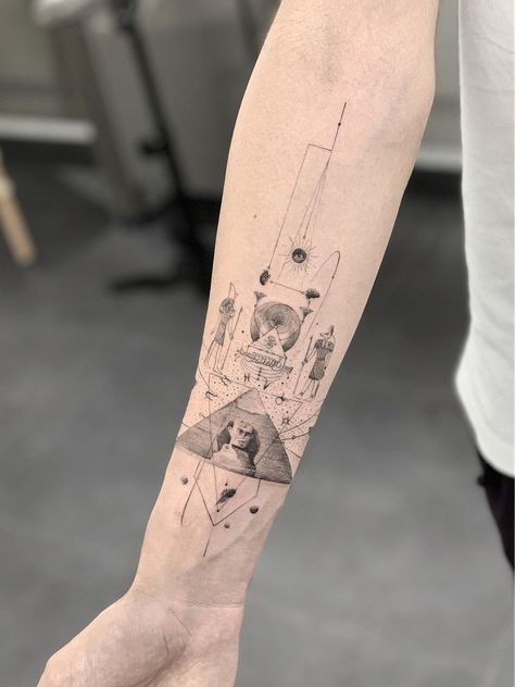 Black Linework Tattoo Sleeve, Buddha Theme Tattoo, Sphynx Tattoo Egyptian, Egyptian Fine Line Tattoo, Geometric Egyptian Tattoo, Egyptian Hieroglyphics Tattoo, Egyptian Pyramid Tattoo, Archeology Tattoo, Fineline Tattoo Sleeve