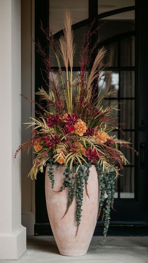 Outdoor Fall Floral Arrangements, Fall Flower Pots Front Porches, Airbnb Exterior, Front Door Flower Pot Ideas, Fall Urn, Fall Flower Pots, Flower Pot Ideas, Fall Pots, Front Door Planters