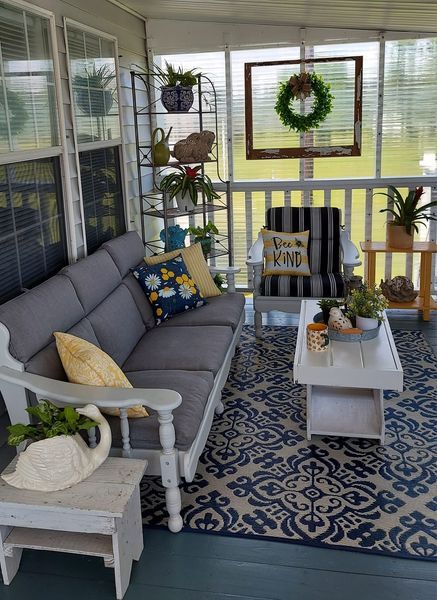 Perky Plant Parent Cabin Porches, Small Sunroom, Shed Landscaping, Porch Life, Small Front Porch, Sunroom Decorating, Plant Parent, Porch Flooring, Backyard Sheds