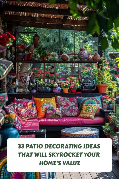 Get ready to be inspired! 🌿✨ Check out these 33 Gorgeous Patio Decorating Ideas that will totally transform your outdoor space into a dreamy oasis! From chic furniture to cozy lighting, we've got all the tips you need for a stunning patio makeover. Click now to start your patio transformation and make your neighbors jealous! 😍🏡 #PatioGoals #OutdoorLiving #HomeDecor" Colorful Patio Ideas, Patio Transformation, Gorgeous Patio, Mini Pond, Cozy Lighting, Colorful Patio, Sophisticated Decor, Portable Heater, Patio Makeover