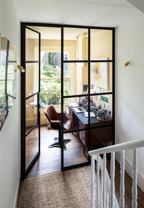 Steel Office screen and door - Victorian - Home Office - London - by Perla Windows Ltd | Houzz UK London House Interior, Dream Home Office, External Sliding Doors, Home Office Essentials, Home Office Furniture Design, Small Space Nursery, Office Screens, Resource Furniture, Townhouse Interior