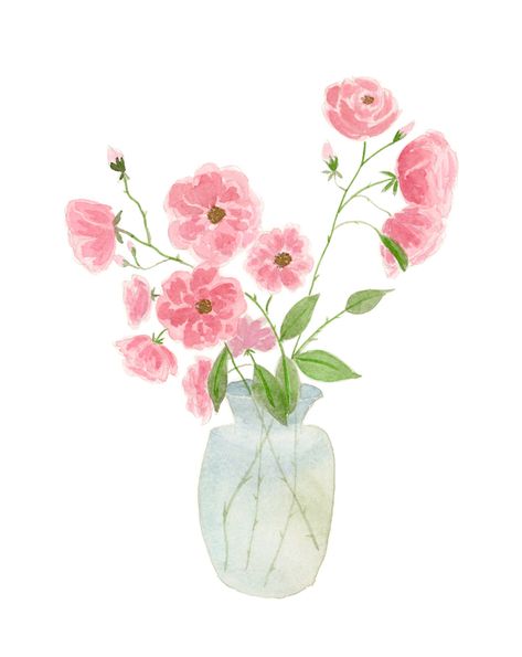 Flowers in vase at ArtfullyWalls, Watercolor painting of pink flower arrangement #watercolor #pink #vase #designinspo #decorinspo #interiordecor #spring Watercolor Flowers In Vase Easy, Pink Flower Illustration, Rachel Rogers, Wild Flower Arrangements, Pink Flowers Art, Flowers In Vase Painting, Love In A Mist, Flower Bouquet Painting, Facebook Background