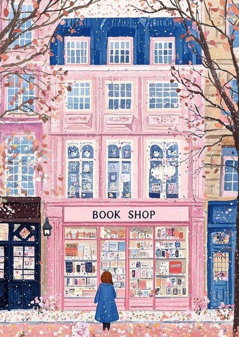 Charming Pink Bookshop Canvas Print in Pastel Colors Inspired by Impressionist Artists for Cozy Home Decor by CustomCanvasCurators Step into the whimsical world of literature and art with our 'Charming Pink Bookshop' canvas print! 📚✨ This enchanting artwork captures the cozy allure of a quaint bookshop adorned in soft pink hues, evoking a sense of nostalgia and warmth. Whether you're a book lover or an art enthusiast, this piece is a perfect addition to your home decor, adding a touch of li... Pink Library Aesthetic, Bookshop Painting, Pink Bookstore, Falling Snow, Cozy Home Decor, Shop Windows, Impressionist Artists, Cozy Home, Christmas Wallpaper