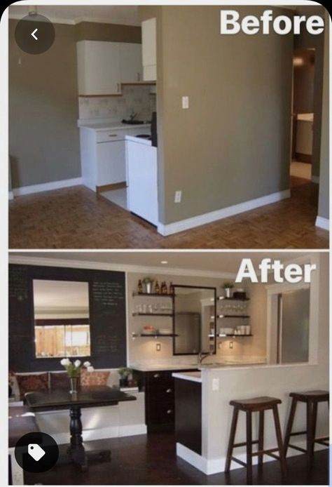 House Makeovers, Upper Cabinets, The Dining Room, Tiny Kitchen, Home Upgrades, Kitchen Remodeling, A Mirror, Facades, Diy Kitchen