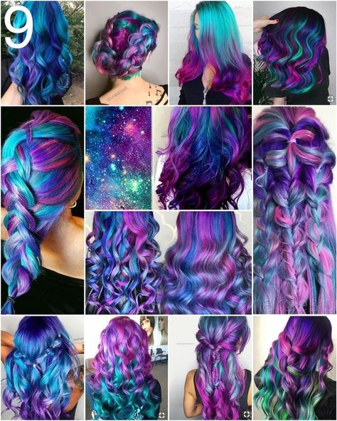 Mermaid Hair Dye Ideas, Galaxy Ombre Hair, Galaxy Dyed Hair, Creative Hair Dye Placement, Mermaid Colored Hair, Mermaid Hair Color Ombre, Multiple Hair Color Ideas, Fairy Hair Color Ideas, Mermaid Hair Color Peekaboo