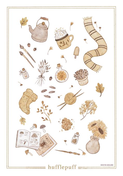 Hogwarts Houses on Behance Hygge Doodles, Fall Doodles, Art Harry Potter, Hufflepuff Aesthetic, Fantasy Wallpaper, Harry Potter Illustrations, Buku Harry Potter, Autumn Background, Harry Potter Houses