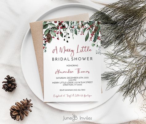 Merry Little Bridal Shower Invitation With Berries and Greenery, Christmas Bridal Shower Invitation, Holiday Bridal Party Invitation, Corjl Christmas Bridal Shower Invitations, Winter Engagement Party, Christmas Bridal Shower, Greenery Christmas, Bridal Party Invitations, Christmas Bridal Showers, Bridal Bingo, Christmas Shower, Printable Bridal Shower Games