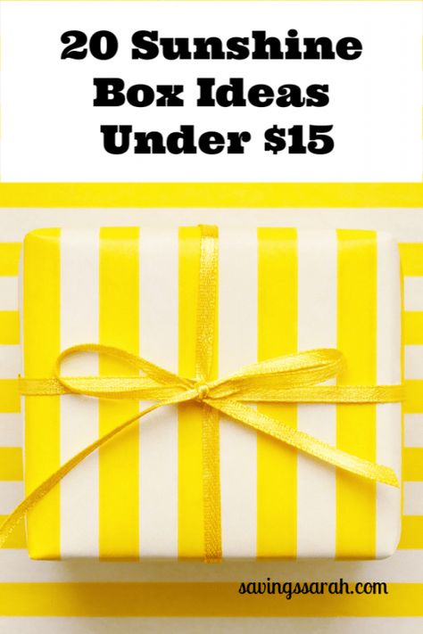 20 Sunshine Box Ideas Under $15 You Are My Sunshine Gift Ideas, Sunshine Basket Care Packages, Diy Sunshine Box Ideas, Encouragement Box Ideas, Sunshine Box Ideas Birthday, Yellow Sunshine Box Ideas, Yellow Birthday Box Ideas, Sunshine Basket Ideas, Yellow Gift Basket Ideas