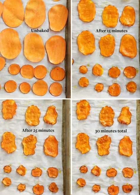 Baked Sweet Potato Chips are an easy, crunchy snack you can bake in just about 30 minutes. They use less oil than a store-bought chip, and taste amazing! Sweet Potato Chips Oven, Oven Potato Chips, Dehydrate Recipes, Homemade Sweet Potato Chips, Sweet Potato Crisps, Sweet Potato Chips Baked, Baked Potato Chips, Potato Chip Recipes, Zucchini Chips Baked