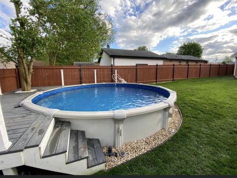 Above Ground Pool Deck With Grill Area, Small Backyard With Above Ground Pool Ideas, Aboveground Pool Landscaping, Small Backyard Pools Above Ground, Diy Pool Stairs, Small Underground Pool Ideas, Above Ground Pool Inground, Cheap Pool Deck Ideas, Semi Inground Pool Ideas