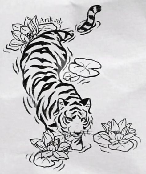 Tiger On Arm Tattoo, Tiger Cloud Tattoo, Hip Tiger Tattoos Women, Tiger With Lotus Flower Tattoo, South East Asian Tattoo, Tiger Tattoo Flowers, Tiger Chinese Zodiac Tattoo, Tiger Lotus Tattoo, Abstract Tiger Tattoo