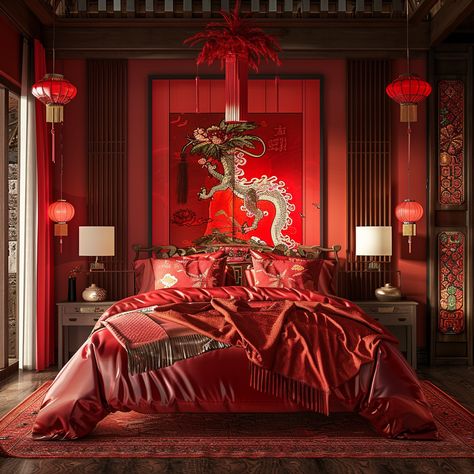 #ChineseWeddingRoom #ModernStyle #RedSheets #RedQuilt #DragonAndPhoenix #RealisticPainting #1:1AspectRatio #TheCandie Chinese Room Decor, Chinese Style Bedroom, Chinese Bedroom, Red Decorations, Chinese Room, Wedding Bedroom, Red Sheets, Chinese Interior, Cozy Office