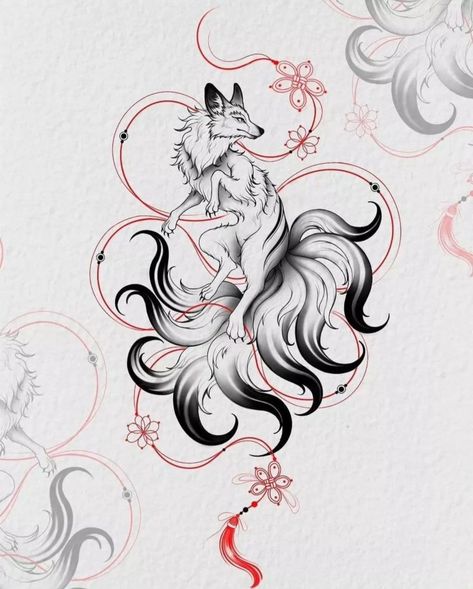 Tattoo Fox Design, White Fox Tattoo, 9 Tailed Fox Tattoo, Nine Tailed Fox Tattoo, Kitsune Tattoo, Fox Tattoo Design, Woodcut Tattoo, Magic Runes, Astrology Tattoo