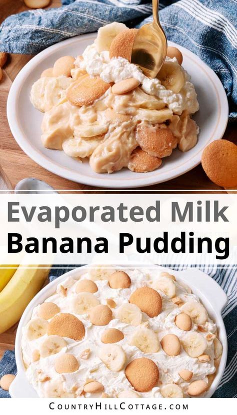 Evaporated milk banana pudding is a dreamy dessert made with a rich vanilla pudding, an abundance of fresh bananas, and layers of sweet vanilla wafer cookies. The perfect treat for holidays and special occasions! The pudding can be served laid back as a casserole in a baking dish or elegantly layered into individual dessert cups. It’s a year-round dessert that you can make for a holiday celebration, a fancy weekend dinner, or just because you want to treat yourself! | CountryHillCottage.com Banana Pudding With Evaporated Milk, Individual Dessert Cups, Cheese Dessert Recipes, Creamy Banana Pudding, Vanilla Wafer Cookies, Banana Crumb Cake, Evaporated Milk Recipes, Banana Cake Recipe Easy, Condensed Milk Cake