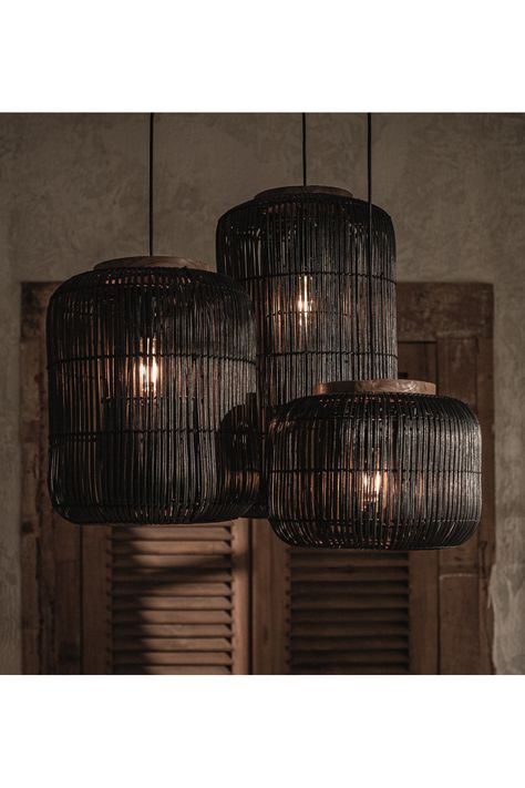 The Barrel lamp is a real statement maker. The pendant is made entirely by hand from high-quality rattan, finished with a teak top. Due to its beautiful open structure and the contrasting black color, the Barrel lamp provides a powerful light source in any room. Available now online at woodfurniture.com! Wabi Sabi Lighting, Chandeliers Dining Room, Lampe Industrial, Sabi Style, Retro Chandelier, Rattan Chandelier, Round Ceiling Light, Dining Chandelier, Rattan Pendant