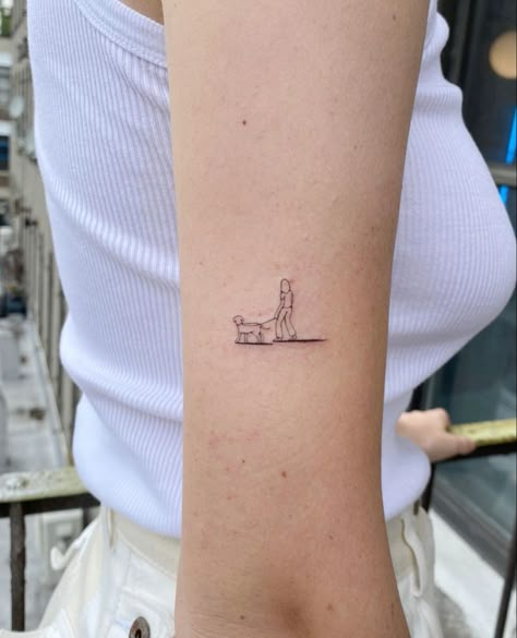 Djo Inspired Tattoos, Tiny Person Tattoo, Walking Dog Tattoo, Tiny Dog Tattoo Minimalist, Tattoo Dog Minimalist, Minimalist Dog Tattoo, Dog Tattoo Ideas Minimalist, Small Dog Tattoo, Tatoo Dog