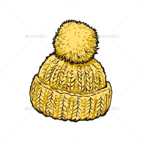 Winter Hat Illustration, Knit Drawing, Hats Illustration, Winter Sketch, Autumn Hat, Hat Drawing, Hat Illustration, Head Illustration, Woolen Hat