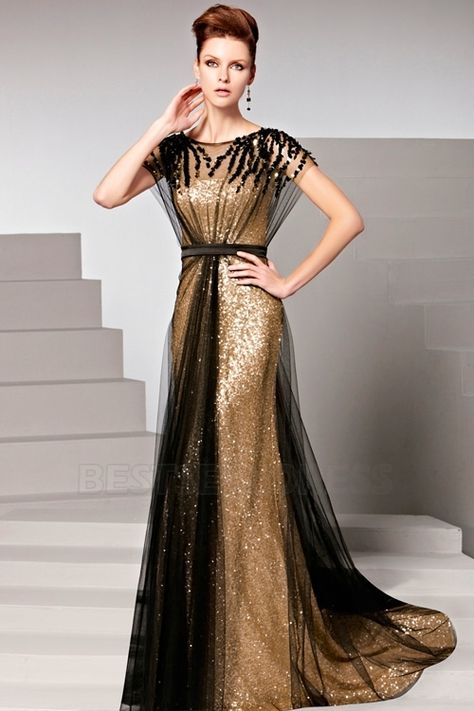 Gold Dress Formal Classy, Black And Gold Dress Formal, Black And Gold Evening Dress, Gold Dress Formal, Elegant Gold Dress, Gold Evening Dress, Classy Evening Dress, 1920's Wedding, Black And Gold Dress