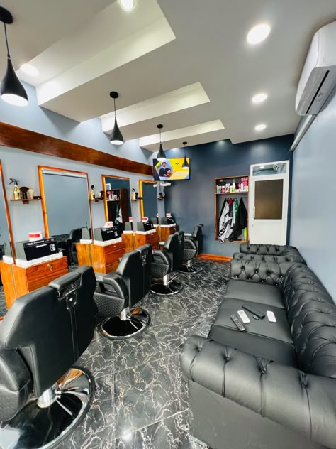 Barbershop Design Interior Ideas Barber Shop Waiting Area, Barbershop Color Ideas, Barbar Shop Design, Barbing Salon Design In Nigeria, Classic Barbershop Design, Barber Salon Interior Design, Barber Shop Design Interior, Barbing Salon Design, Home Barber Shop Ideas