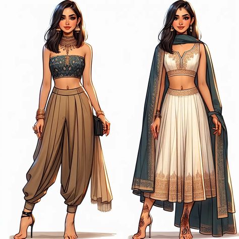 Dhoti Style Lehenga: A Blend of Comfort and Chic for Every Occasion 7 Desert Outfit Drawing, Fantasy Indian Clothing, Indian Wear Illustration, Egyptian Style Clothes, Desert Outfit Ideas, Female Wears, Desert Clothing, Illustration Practice, Desert Outfit