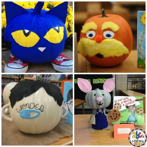 Bad Guys Pumpkin Book Character, Pumpkin Carving Book Theme, Pumpkin Book Report Ideas, Storybook Pumpkin Ideas Easy, Literary Pumpkins Ideas, Book Themed Painted Pumpkins, Pumpkin Decorating Ideas Based On Books, Book Report Pumpkin Project, Painted Pumpkins Book Characters