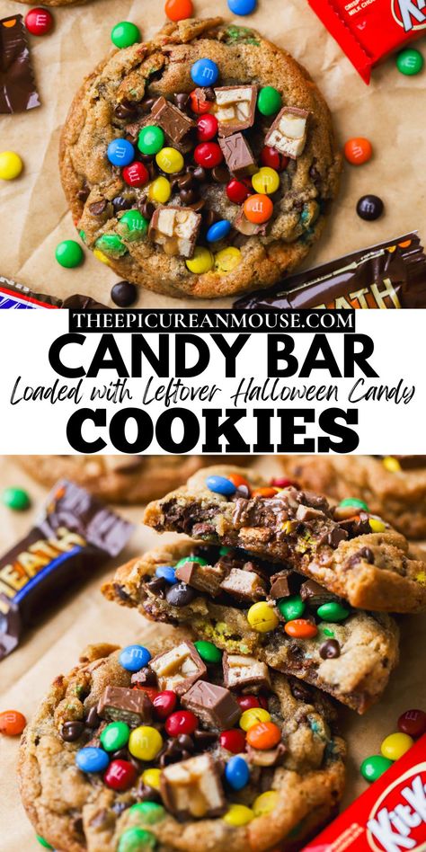 Got buckets of halloween candy and don't know what to do with it? I've got you covered with these delicious and incredibly easy candy bar cookies. They are filled with all of your favorite chocolatey treats, along with some additional chocolate chips. Candy Bar Cookie Bars, Leftover Candy Cookies, Recipes With Halloween Candy, Halloween Candy Cookies Leftover, Candy Themed Desserts, Leftover Halloween Candy Cookies, Halloween Candy Cookie Bars, Candy Bar Cookies Recipes, Candybar Cookies