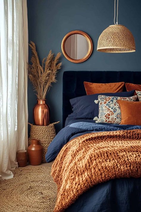 63 Stunning Navy Blue Bedroom Ideas (That Designers Love) Velvet Blue Bedroom Ideas, Dark Blue And Orange Bedroom, Blue And Copper Bedroom, Navy Copper Bedroom, Moody Navy Bedroom, Navy And Copper Bedroom, Rust And Blue Bedroom, Navy Blue And Brown Bedroom, Dark Blue And Gold Aesthetic