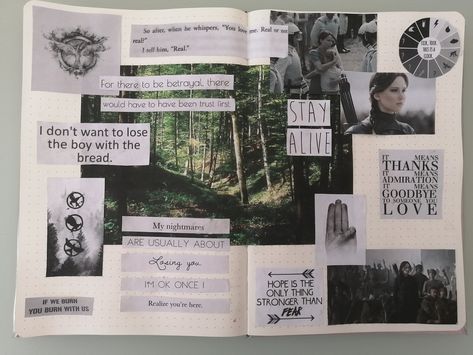 Hunger Games Scrapbook Ideas, The Hunger Games Journal Page, Hunger Games Quotes Inspirational, Hunger Games Scrapbook, Tvd Journal, Movie Scrapbook, Hunger Games Theme, Empty Journal, Book Scrapbooking