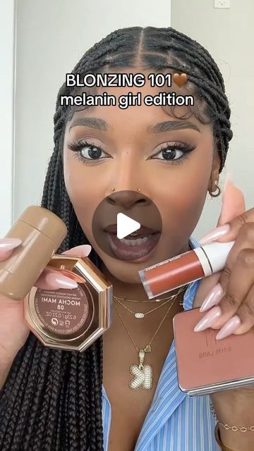 KAM <3 on Instagram: "i’m actually begging everyone to try a BLONZER🤎😭 SO pretty and complimenting on the skin (original @ beautybybanda on tik tok) @rhode “toasted teddy” pocket blush  @elfcosmetics “bronze bombshell” camo blush  @hauslabs “fire moon” blush @fentybeauty “mocha mami” bronzer #blush #blonzer #makeupreview #makeuptutorial" Rhode Pocket Blush Toasted Teddy, Red Blush Look, Where To Place Bronzer On Face, How To Wear Bronzer, Bronzer For Black Women, Hoola Bronzer Tutorial, Tonal Makeup, Blush For Brown Skin, Bronzer Placement