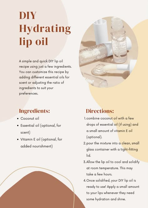 Get ready to pucker up with our DIY Lip Oil in just 4 simple steps! 🌿💋 Nourish and hydrate your lips naturally with this easy recipe. Perfect for a pampering session or as a thoughtful gift! #DIYBeauty #NaturalSkincare #lipcare Lip Care Diy Natural, Diy Lip Oils, How To Make Natural Lip Gloss, How To Make Diy Lip Oil, Lip Moisturizer Diy, Best Oils For Lips, Diy Lip Oil Recipes How To Make, Homemade Lip Gloss Recipe, Homemade Lipgloss Recipe