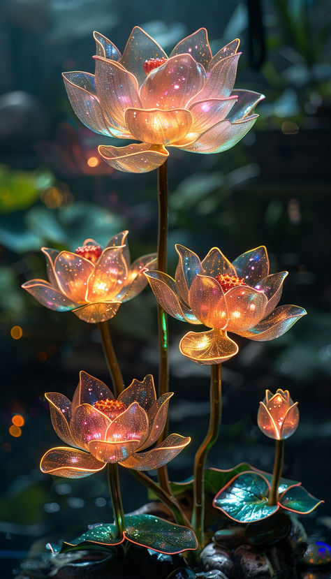 Hyper Realistic Bioluminescent Night Lotus Glowing Plants, Bioluminescence Illustration, Bio Illuminance Water, Bioluminescence Concept Art, Bioluminescent Flowers, Glowing Lotus, Fantasy Bioluminescent Forest, Glowing Lotus Flower, Glowing Flowers