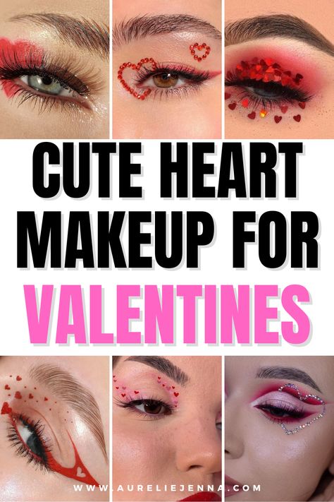 image shows a collage of 6 photos showing heart shaped valentines themed eyeshadow with a text overlay stating "cute heart makeup for valentines" Eye Makeup Heart, Valentine’s Day Make Up Looks Simple, Heart Makeup Aesthetic, Makeup Looks Valentines Day, Valentines Eyeshadow Look, Cute Valentines Makeup, Vday Makeup Looks, Valentine's Makeup Looks, Valentines Makeup Ideas Simple