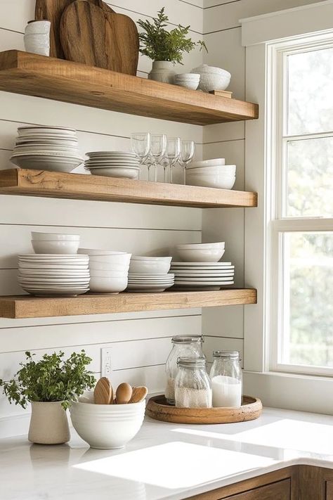 "Add a touch of elegance to your kitchen with Open Shelving! 🥘✨ A great way to display your favorite items and keep things organized. 🌿✨ #OpenShelvesInspiration #KitchenStyle #HomeDecor" Farmhouse Kitchen Counter Decor, Kitchen Open Shelves, Kitchen Cabinet Inspiration, Kitchen Floating Shelves, Coastal Kitchen Decor, Kitchen Shelf Decor, Open Kitchen Shelves, Kitchen Counter Decor, Kitchen Decor Ideas