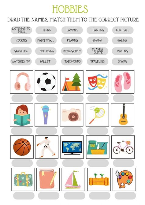 Free Time Hobbies, Hobbies Vocabulary English, Hobbies Worksheet English, Hobbies Worksheet For Kids, My Hobby Worksheet, English Printables, Language Journal, Elementary Worksheets, Materi Bahasa Inggris