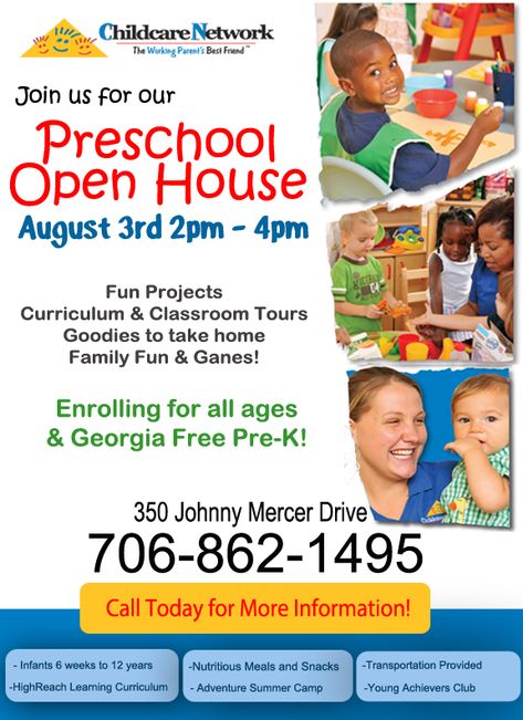 Childcare Network on Johnny Mercer Drive on Wilmington Is. in Savannah has openings for their GA Free Pre-K Program for this upcoming school year 2014-15. Childcare Open House Ideas, Preschool Advertisement Ideas, Preschool Brochure, Preschool Open House, Refugee Quotes, Tuition Flyer, Childcare Flyer, School Pamphlet, Daycare Flyer