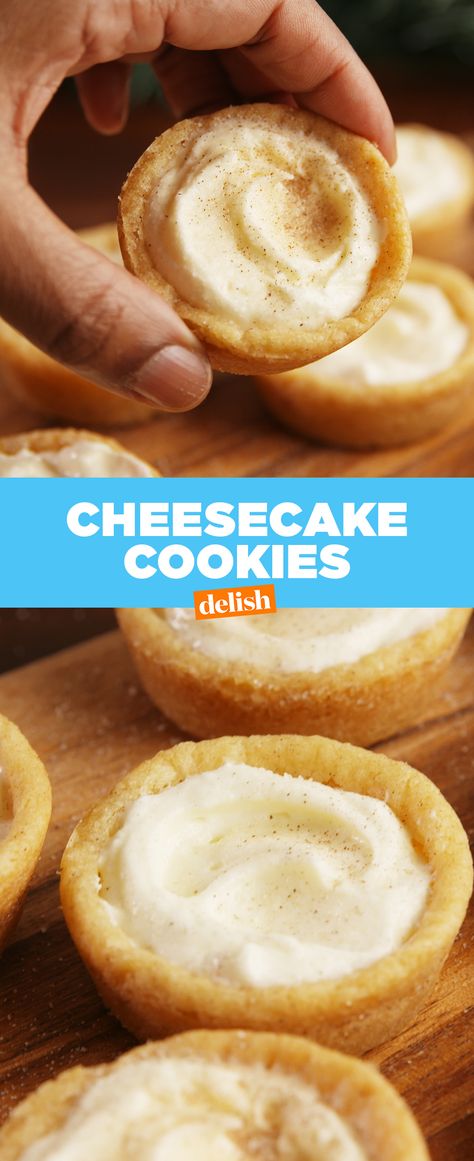 Cheesecake + Cookies = the ultimate dessert mashup. Get the recipe at Delish.com. #cheesecake #cookie #cheesecakecookie #easyrecipe #recipe #dessert #dessertideas #sugar #delish #creamcheese Cheesecake Cookies Recipes, Biscotti Cheesecake, How To Make Cheesecake, Cheesecake Cookies, Sugar Cookie Dough, Cookie Cups, Cool Whip, Savoury Cake, Cookie Desserts